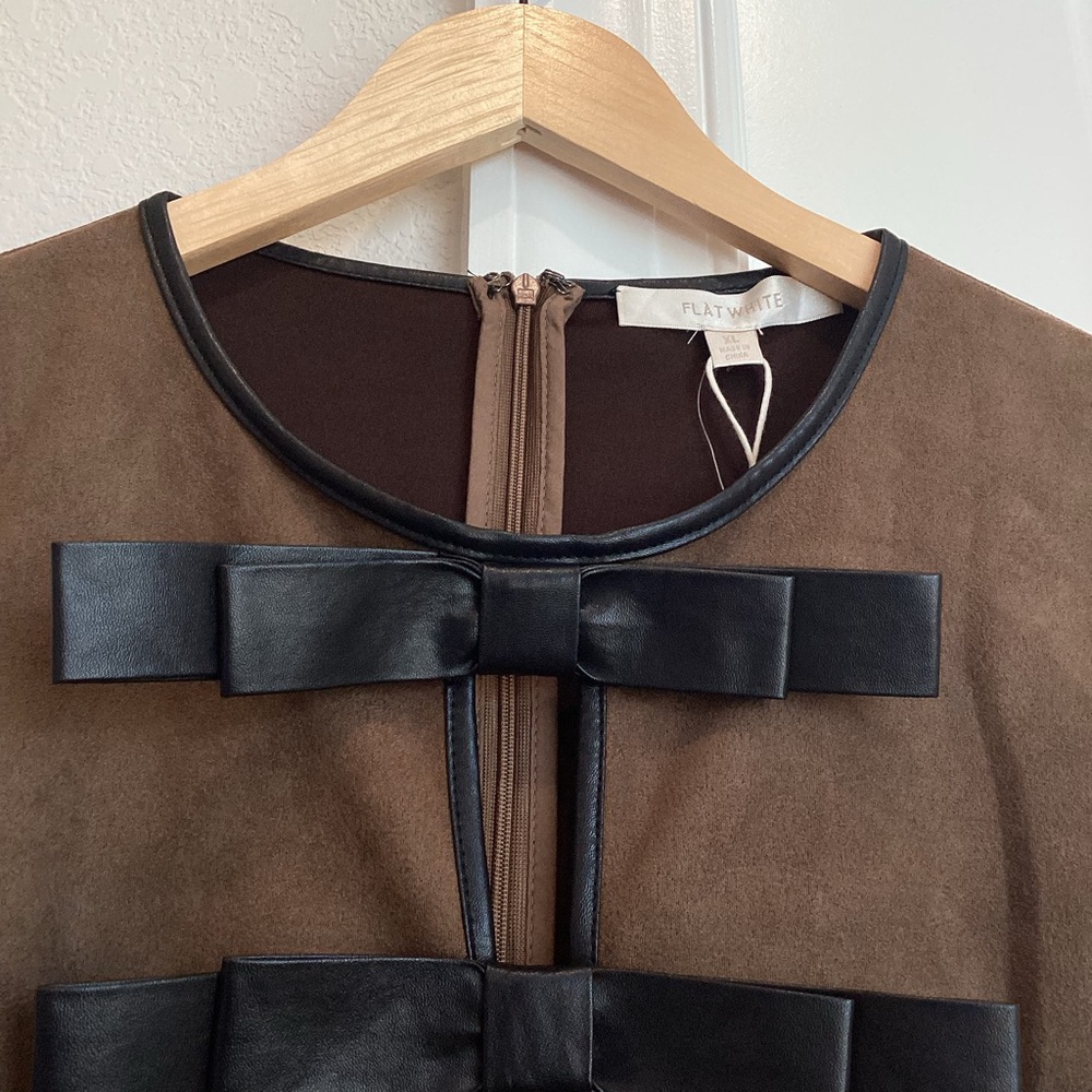 Anthropologie Flat White Faux-Suede Sleeveless Leather Bow-Trim Mini Dress - Picture 8 of 15